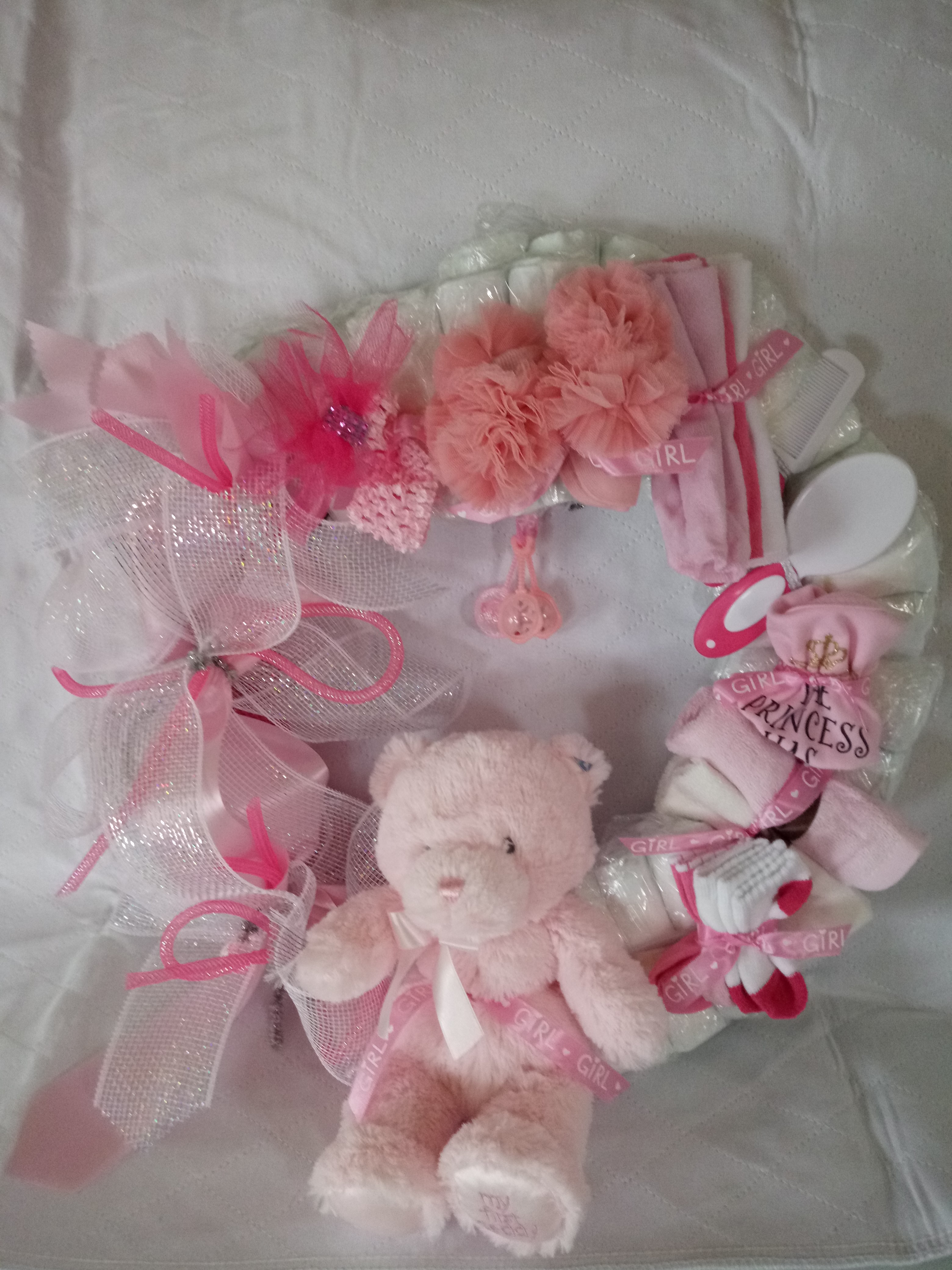 Baby Girl Diaper Wreath with Teddy Bear