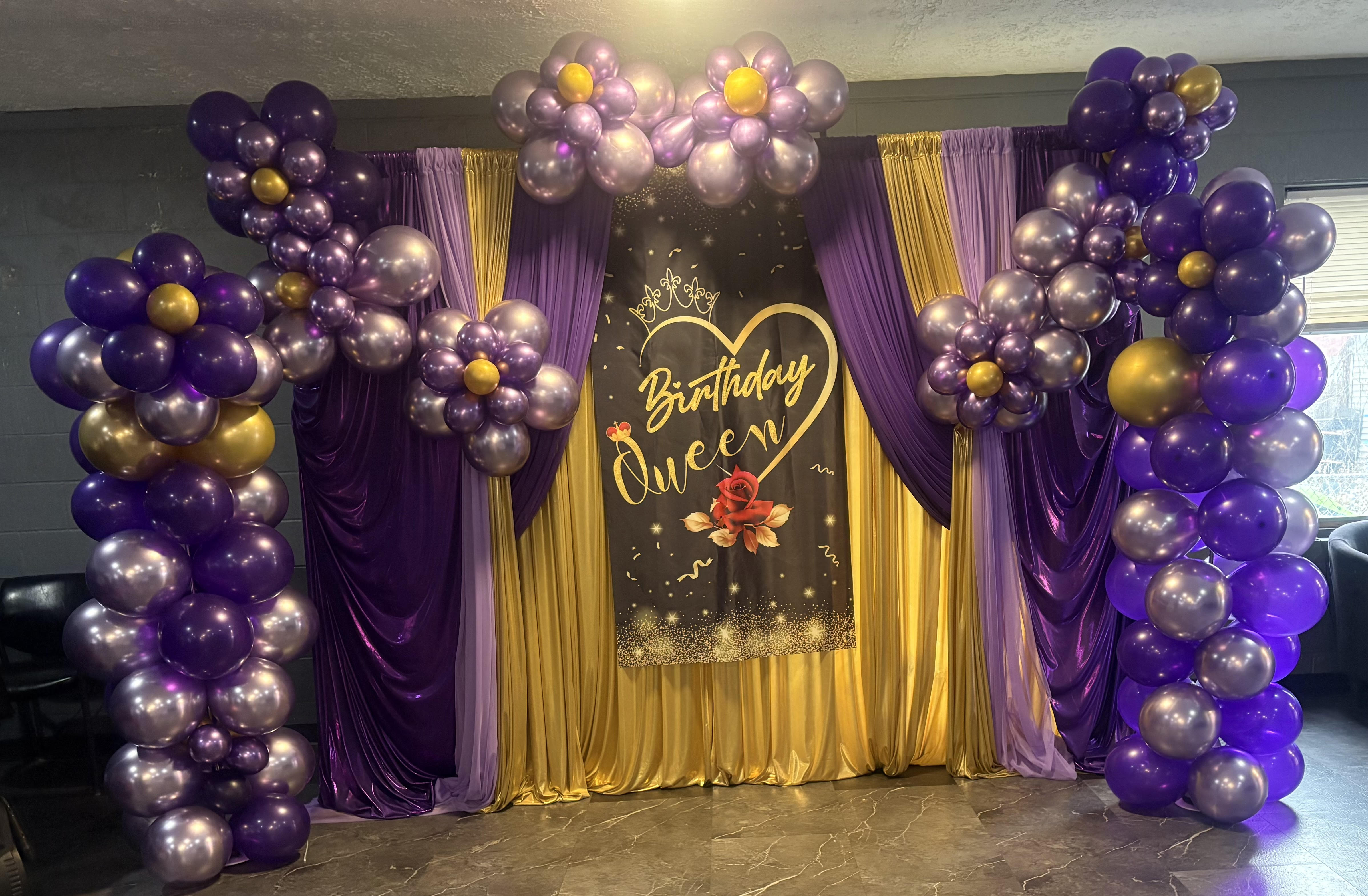 Birthday Queen Backdrop with Balloon Arch