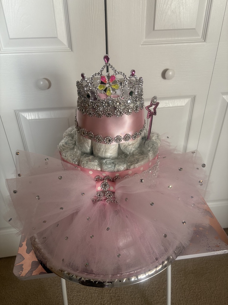 Pink Tutu Princess Diaper Cake with Jeweled Crown